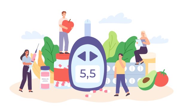 糖尿病海报的人物。微型人用减肥食品、糖尿病药物和血糖仪作为血糖水平血液检测载体的概念图片下载