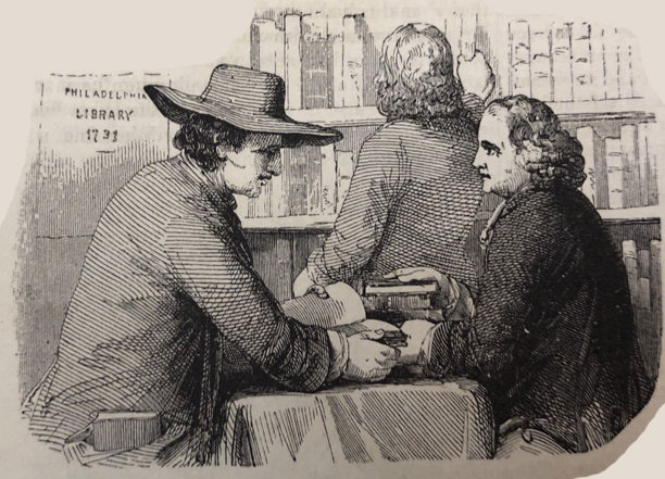 古董插图-哈泼杂志-男人在图书馆与书籍图片下载