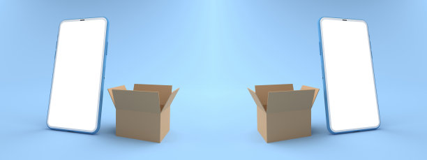 智能手机白屏被纸箱包围和纸箱打开的3D渲染。金钱的概念，移动上的商业，线上交付的概念，孤立在蓝色背景上。图片下载
