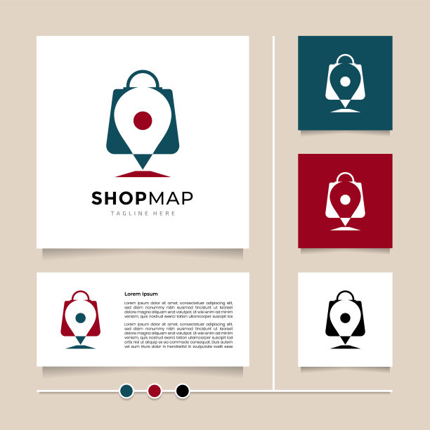 创意店铺地图会徽设计。蓝色红色图标和符号设计向量与购物袋和地图大头针的组合图片下载