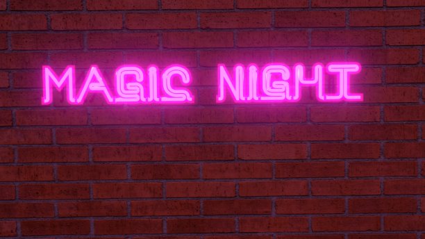 霓虹灯文字“MACIC夜”在砖墙正面。3 d渲染。图片下载