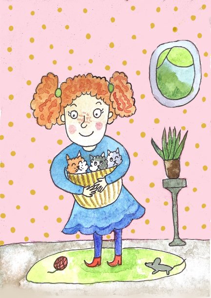 篮子里画着小猫的女孩图片下载