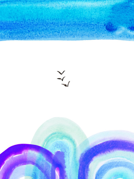 水彩画手绘天真的孩子画彩虹，天空，小鸟图片下载