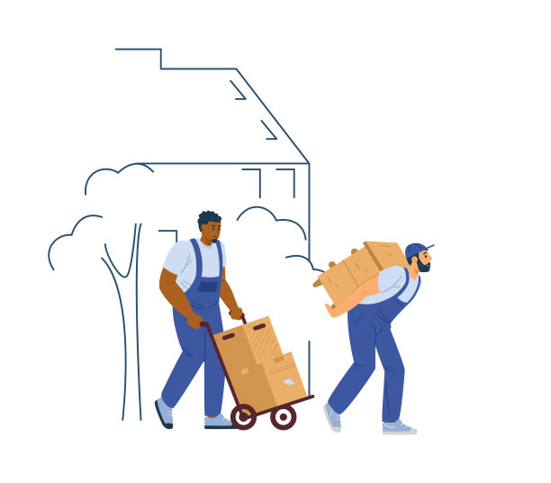 装载机或搬运工搬运家具，平面矢量插图孤立。图片下载
