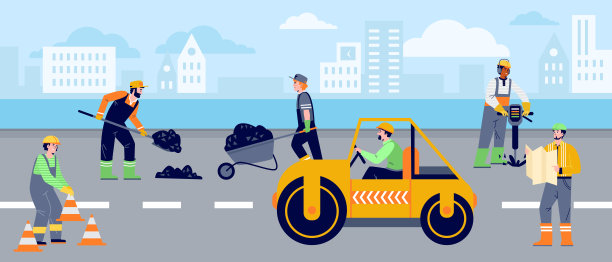 城市风景与道路工人铺设沥青公路平面矢量插图。图片下载