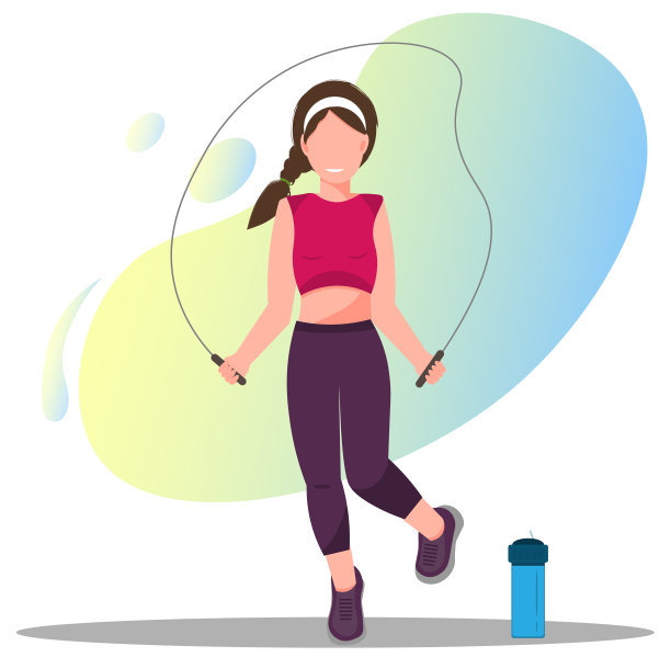 一个年轻的运动女人做运动锻炼，女孩跳绳，健康的生活方式概念，运动的生活方式概念，平面矢量插图图片下载