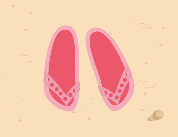 夏日沙滩上的人字拖，海边的沙滩。沙滩上的运动鞋，贝壳图片下载