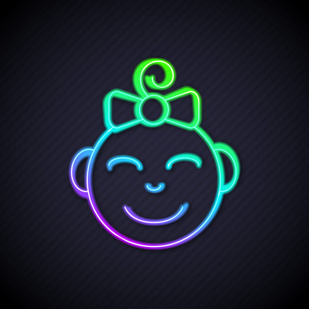 发光的霓虹灯线快乐小女孩头图标孤立在黑色背景。小女孩的脸。向量图片下载
