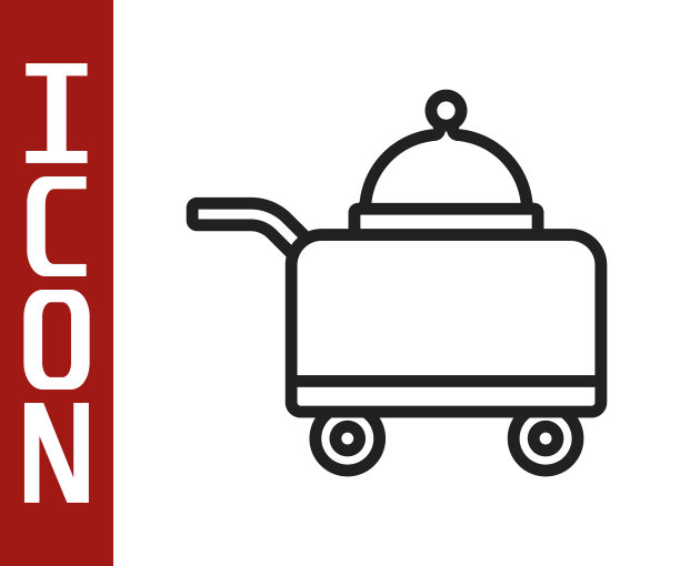 黑线覆盖的托盘食物图标孤立在白色背景。托盘和盖子的标志。餐厅钟盖。向量图片下载