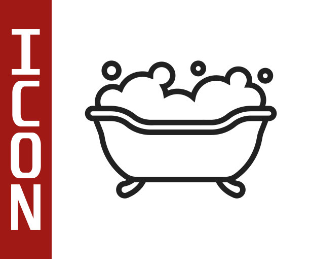 黑色线浴缸内泡沫气泡图标隔离在白色背景。向量图片下载