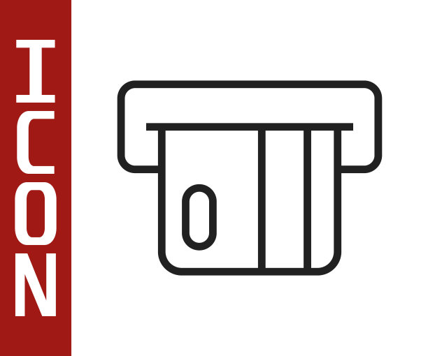 黑线信用卡插入在读卡器图标隔离在白色背景。ATM提款机。向量图片下载