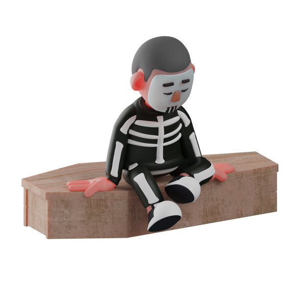 骷髅男孩3D卡通插图坐在一个木棺材图片下载