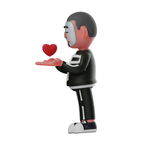 3D骨骼男孩卡通人物有一个可爱的红心图片下载