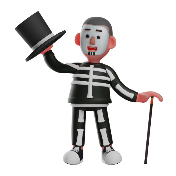 一个有趣的骷髅男孩3D卡通图片，穿着黑色的魔术师服装图片下载