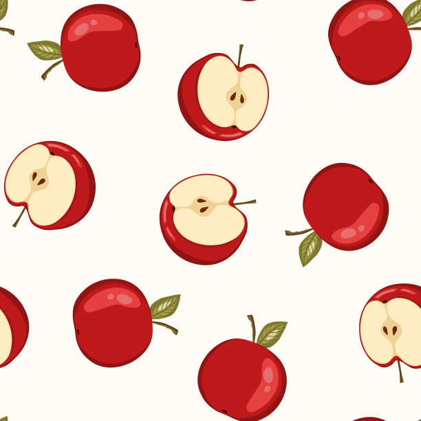无缝模式与苹果在白色背景。天然美味新鲜成熟美味的水果。矢量插图印刷，织物，纺织，旗帜，其他设计。有叶子的苹果。食品的概念图片下载