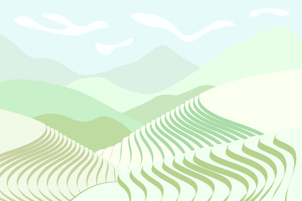 稻田海报。中国山地景观中的农业梯田。雾蒙蒙的田园风光与翠绿的稻田。农民梯田种植。亚洲农业横向背景图片下载