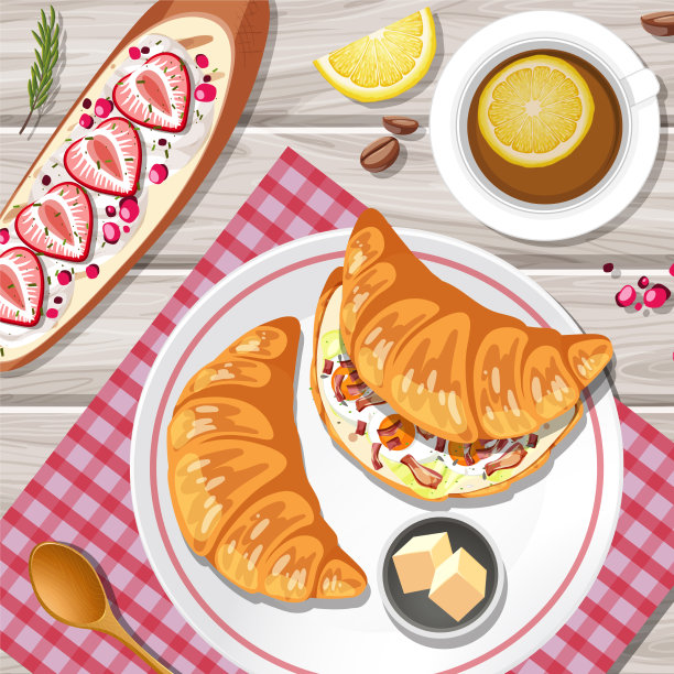 俯视图羊角面包，桌上有茶杯图片下载