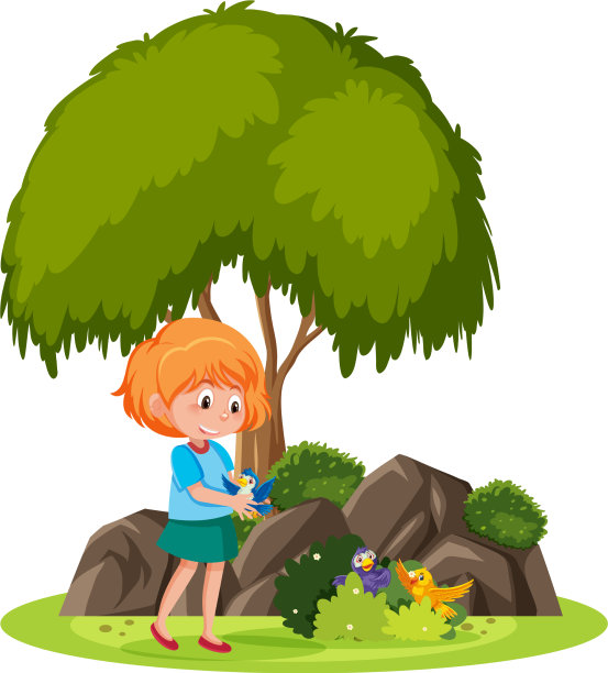 一个孤立的场景，一个女孩和许多鸟玩耍图片下载