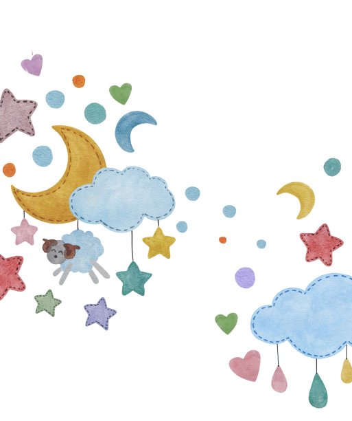 手绘水彩画可爱宝宝临摹空间卡有月亮、星星、羊、云、心。用于海报，印刷，明信片，卡片，邀请，背景，背景图片下载