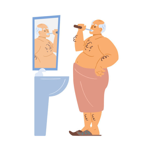 一个老男人在浴室刷牙。矢量平面卡通插图的老人的性格和日常生活。图片下载