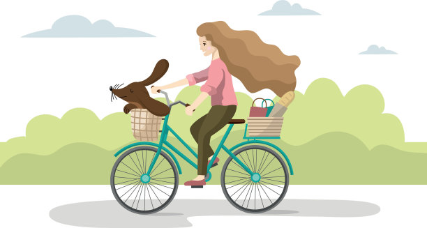 一个年轻的女人骑着自行车，上面骑着一只狗图片下载