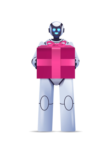 现代机器人抱着包装好的生日礼品盒图片下载