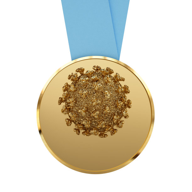 印有新冠病毒图案的金牌。流行病背景下的竞争概念。图片下载