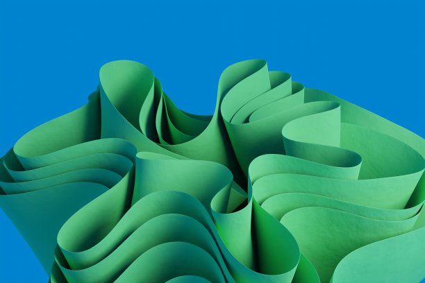 3D渲染一个绿色抽象波浪图在蓝色背景。带有3D对象的墙纸图片下载