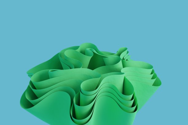 3d渲染一个绿色抽象波浪形式浅蓝色背景。以一种创造性的方式用3D物体做墙纸图片下载