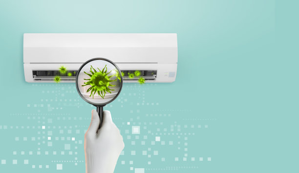 通过科学家放大镜，3D模拟新冠病毒或空调内部的病毒符号图片下载