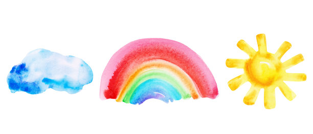 水彩手绘抽象画彩虹，太阳，蓝云图片下载