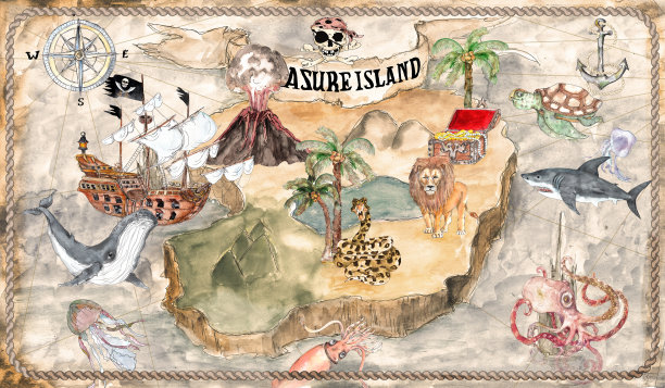彩色复古风格水彩海盗宝岛地图图片下载