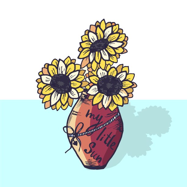 白色背景上手绘的向日葵花瓶。我的小阳光。矢量图图片下载