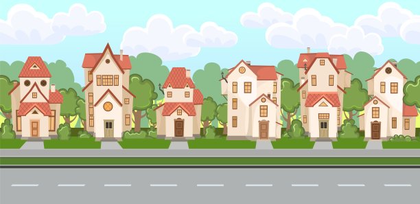 街。有马路的卡通房子。道路标记。村庄或城镇。无缝的。传统欧洲风格的美丽舒适的乡村别墅。树。好有趣的家。插图。向量图片下载