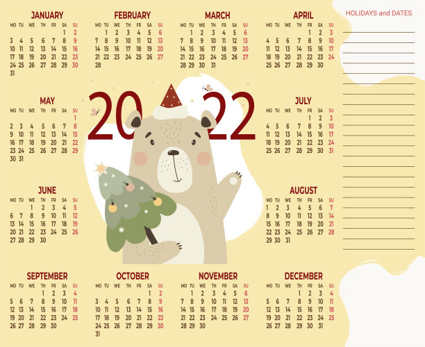 2022年日历。带着圣诞树的可爱小熊。矢量插图。横向日历模板A3 12个月的英文，有地方为笔记。星期从星期一开始。文具、印刷、组织者图片下载
