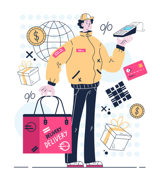 快递站与订单包和非接触式支付终端。送货服务的概念。矢量平面平面设计说明图片下载