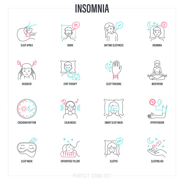 失眠预防方法：睡眠呼吸暂停、CPAP疗法、正畸枕头、睡眠眼罩、药物、昼夜节律、平静音乐、高血压、智能睡眠眼罩、冥想。细线图标。矢量图。图片下载