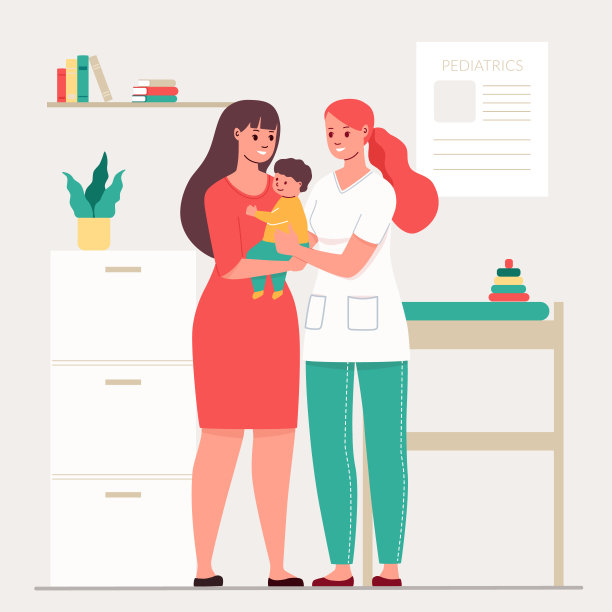 年轻的母亲和婴儿来到儿童医生那里。在儿科医生的预约中。儿科向量插图。图片下载