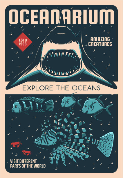 海洋馆的珍奇和热带鱼复古旗帜图片下载