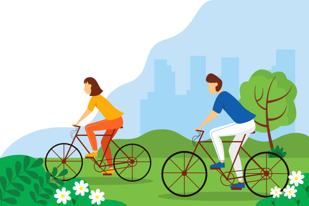 在公园里骑自行车的男人和女人。平面风格的夏季插图。图片下载