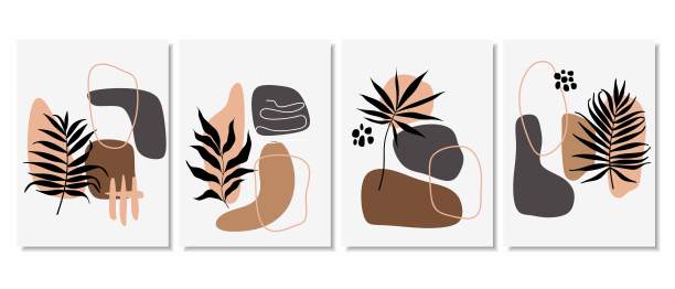 植物墙艺术向量集。叶线艺术绘画抽象的形状。抽象植物艺术设计的印刷，封面，墙纸，最小和自然的墙壁艺术。矢量插图。图片下载