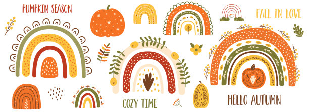 秋天南瓜夹艺术，秋天彩虹集。感恩节南瓜，秋天的花卉元素，可爱的拱门图片下载