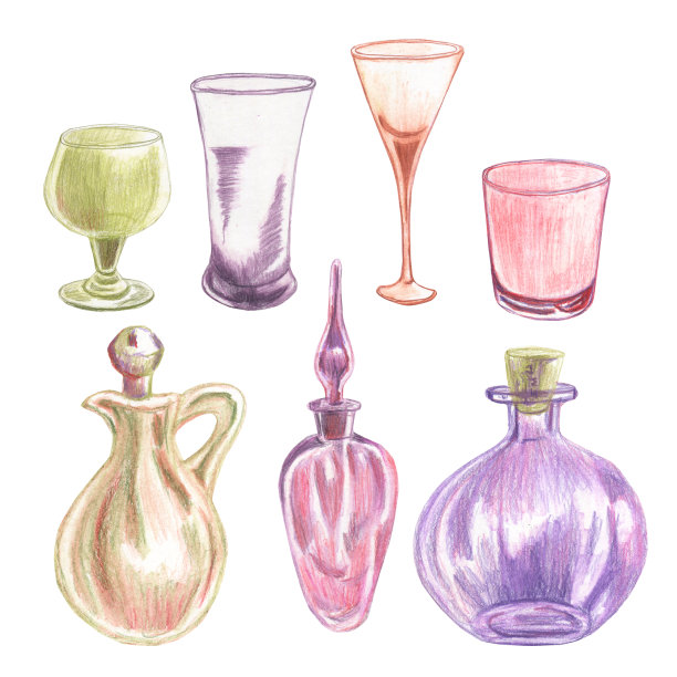 一套不同的小瓶和玻璃杯在彩色铅笔技术。手绘。图片下载