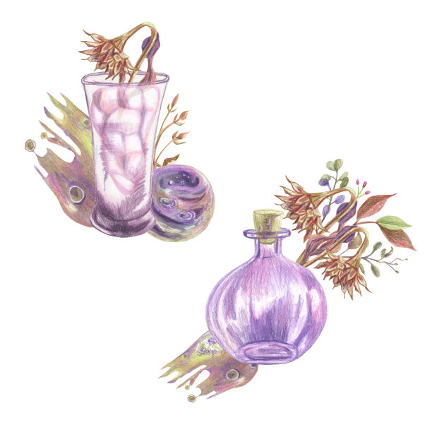 一套安排与小瓶，玻璃，干树枝和抽象点在彩色铅笔技术。手绘。图片下载
