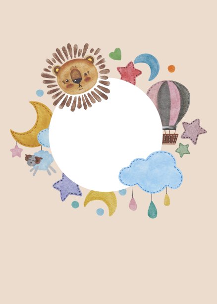 手绘可爱水彩画与小朋友画气球、月亮、星星、狮子复制空间卡。用于海报，打印，卡片，婴儿淋浴，横幅，剪贴簿，邀请，模板，背景图片下载