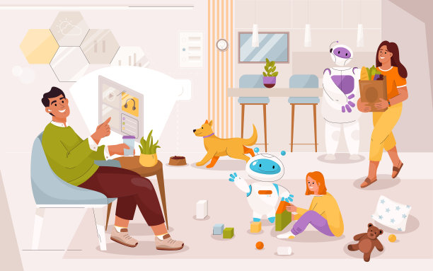一个家庭住在有机器人助手的智能家中图片下载