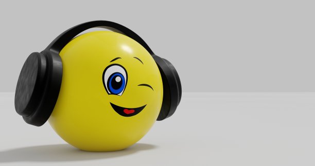 三维渲染插图的一个球体笑脸戴着耳机图片下载