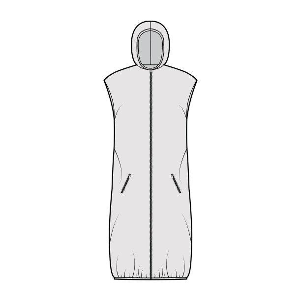 羽绒背心羽绒背心技术时尚插图帽衫领，拉链关闭，口袋，宽松，膝盖长度图片下载
