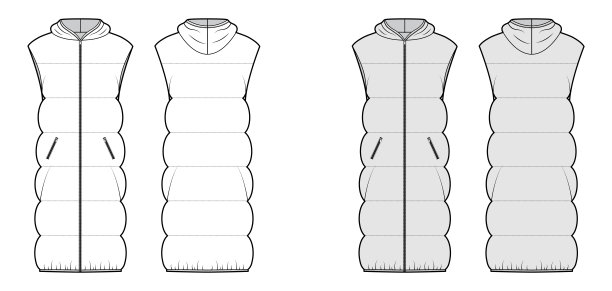 羽绒背心羽绒背心技术时尚插图与无袖，帽衫领，拉链关闭，超大图片下载