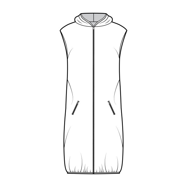 羽绒背心羽绒背心技术时尚插图帽衫领，拉链关闭，口袋，宽松，膝盖长度图片下载